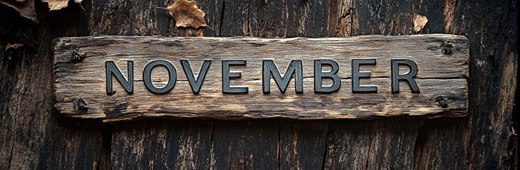 Wooden Sign with the Word 'November' Carved on Aged Wood Texture