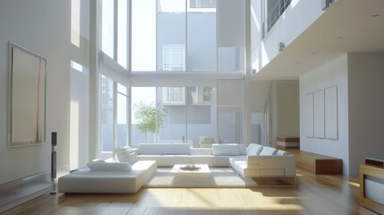 Fototapeta premium A large, open living room with white furniture and a white wall. The room is filled with natural light and has a modern, minimalist design