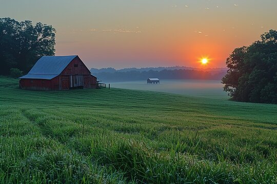 A serene sunrise over a misty landscape with red barns and lush green fields.
