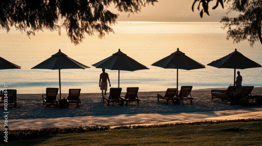 Aufkleber A beach scene with several umbrellas and chairs. The umbrellas are open and the chairs are empty. Scene is peaceful and relaxing