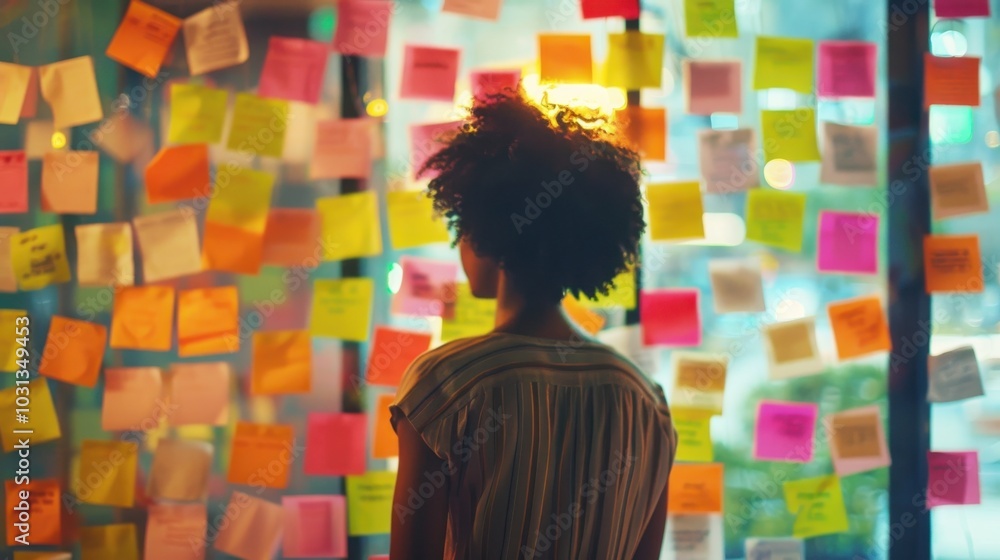 Poster an office worker contemplating ideas surrounded by colorful sticky notes during the workday in a cre