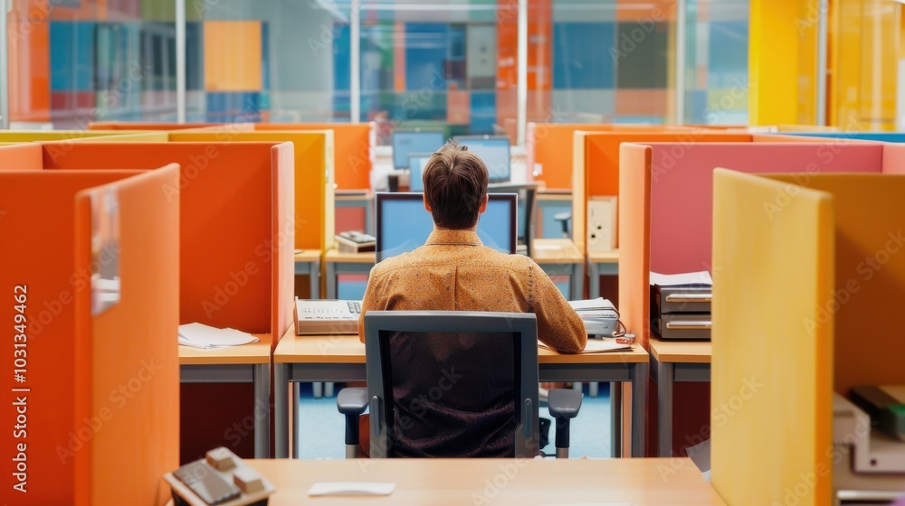 Poster An office worker focused on tasks at a colorful workstation within a modern workspace during a typical weekday