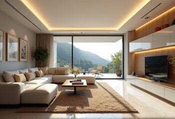 Obraz premium Stunning Modern Italian Living Room: Discover the Beauty of Rationalized Space with Bright Colors and Natural Illumination