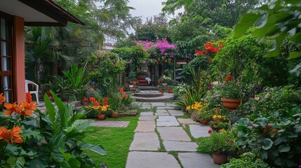 A garden with a stone path and a patio with a white table and chairs