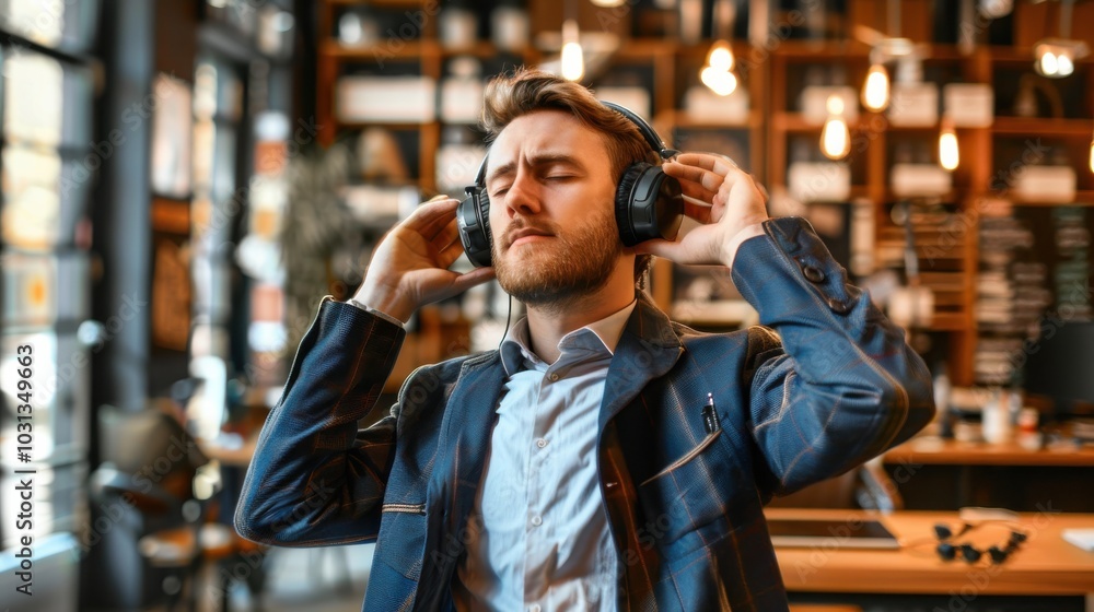 Aufkleber Office worker enjoying music while expressing individuality in a modern workspace at a creative hub during the afternoon