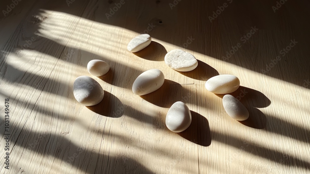 Poster smooth white stones arranged on a wooden surface in a pattern. sunlight streams through a window, ca