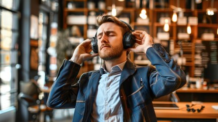 Obraz premium Office worker enjoying music while expressing individuality in a modern workspace at a creative hub during the afternoon