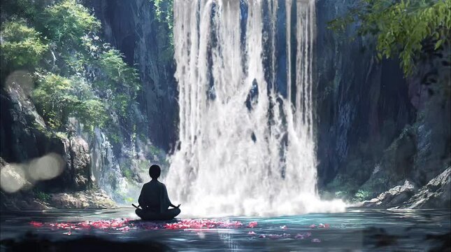 Person meditating by a peaceful waterfall in a lush forest. Seamless looping time-lapse 4k video background