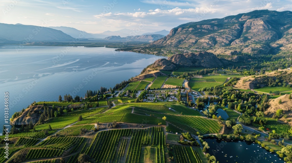 Poster a beautiful view of a lake and mountains with a vineyard in the background. the vineyard is lush and
