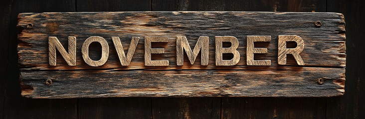 Wooden Sign with the Word 'November' Carved on Aged Wood Texture