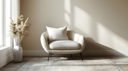 Cozy chair in a minimalist room with natural decor elements.