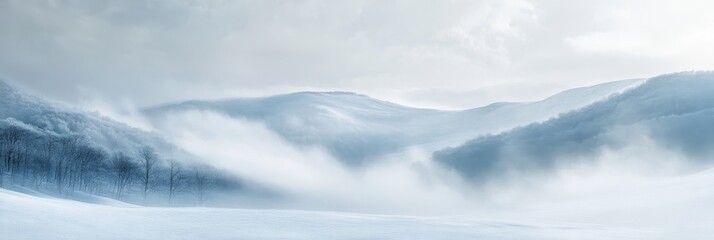 Fototapeta premium A serene winter landscape featuring misty mountains and soft, snowy terrain under a pale sky.