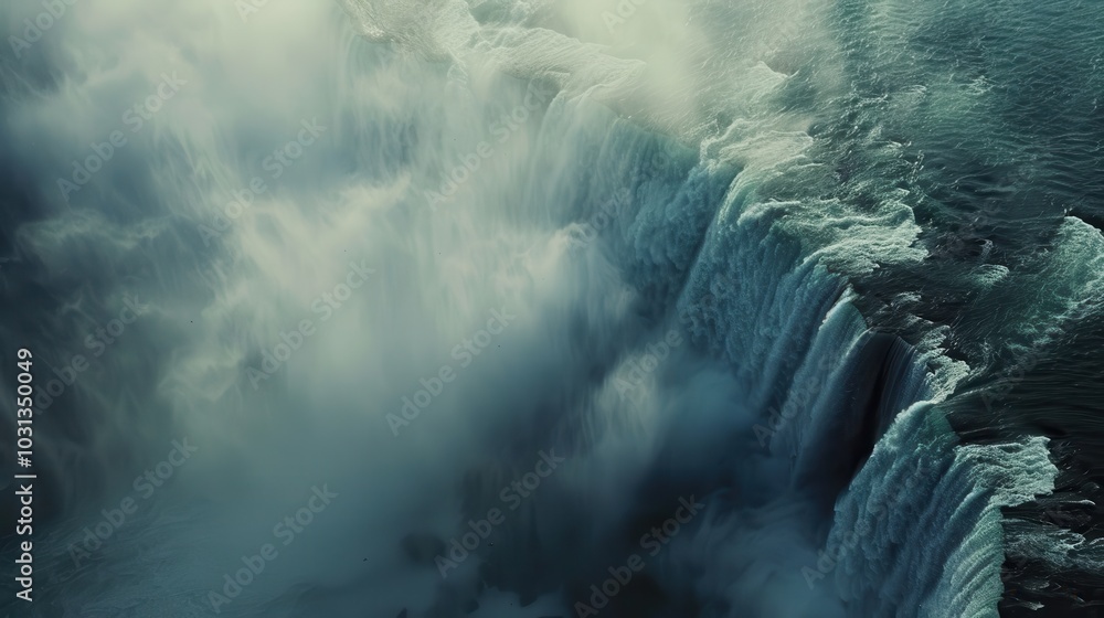 Poster A waterfall with mist and fog surrounding it. The mist and fog create a sense of mystery and awe, as if the waterfall is a hidden gem in the midst of nature