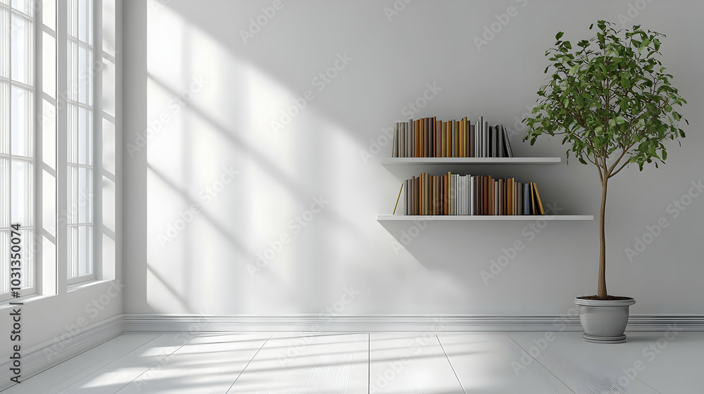 Canvas Prints Minimalist interior with bookshelves and a potted plant.