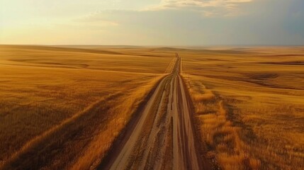 A road stretches across a dry, barren landscape. The sky is cloudy and the sun is setting, casting a warm glow over the scene. The road appears to be a dirt road