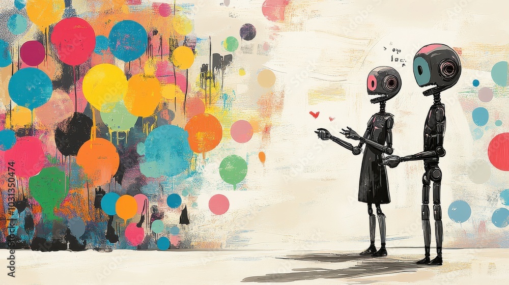 Poster Two robots are holding hands in front of a colorful background