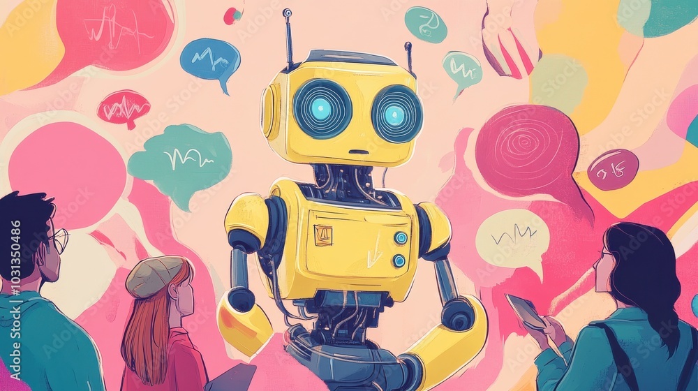 Poster a robot is standing in front of a group of people