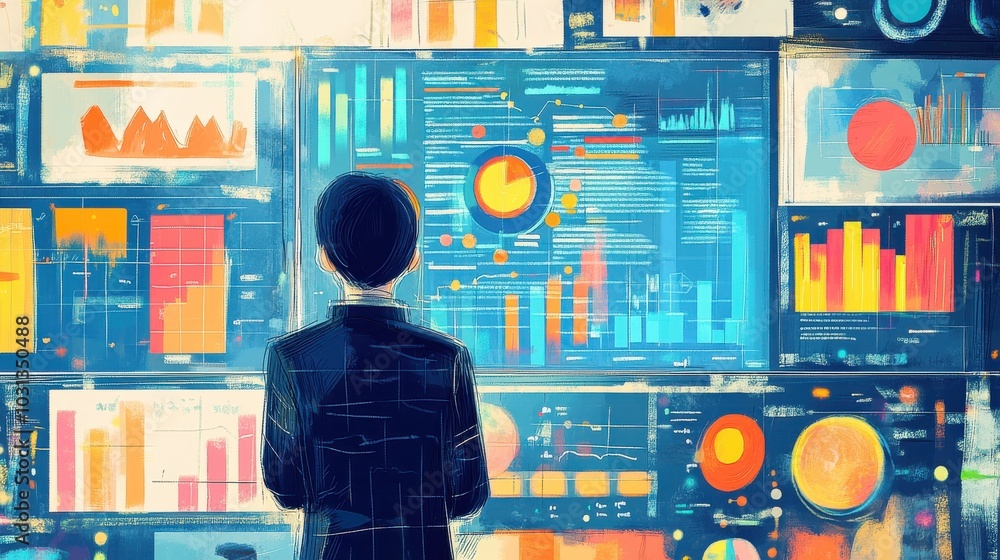 Poster a man is looking at a computer monitor with many different graphs and charts