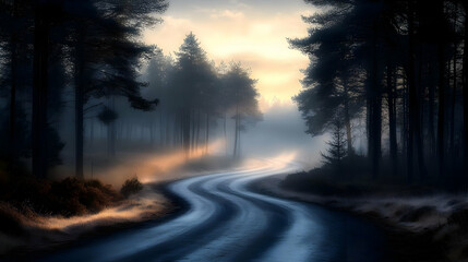 Obraz premium A winding road through a foggy forest at dawn.