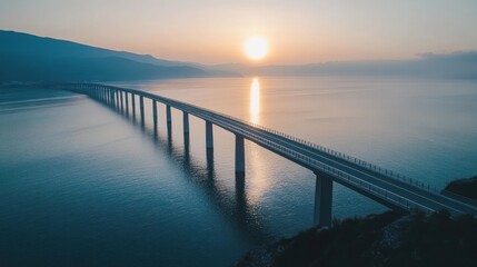 Fototapeta premium A long bridge stretches across the water towards the setting sun, creating a breathtaking silhouette against the horizon.
