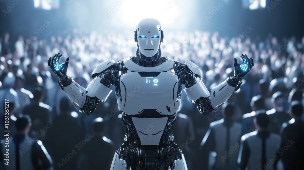Poster a robotic leader passionately addresses a futuristic rally crowd, articulating the principles of rob