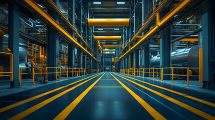 Fototapeta premium Industrial interior with yellow lines and tanks in a factory setting.