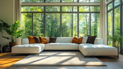 Cozy living room with large windows and natural greenery.
