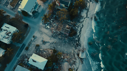 Naklejka premium Aerial View of a Coastal Town Devastated by a Hurricane, Showcasing Uprooted Trees, Collapsed Buildings, and Debris Scattered Across the Streets, While Ocean Waves Crash Against the Shore, Illustratin