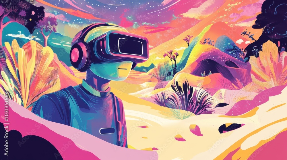 Poster a man in a vr headset is standing in a desert