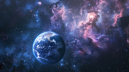 Obraz premium A close-up view of Earth in space, surrounded by a swirling nebula and countless stars.
