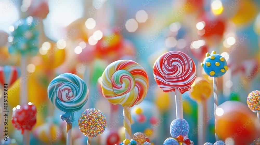 Poster a colorful array of lollipops on sticks stand in a field of blurred, colorful sweets, creating a whi
