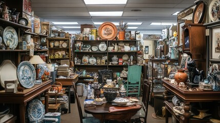 A cluttered room with many items on shelves and tables. The room has a vintage feel to it