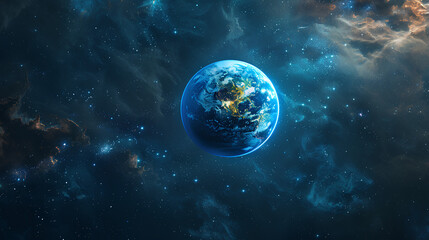 A detailed view of Earth from outer space, surrounded by a stunning background of stars and nebulas.