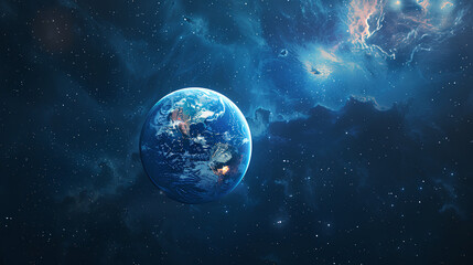 Fototapeta premium A depiction of Earth viewed from space, surrounded by a starry sky and a nebula.