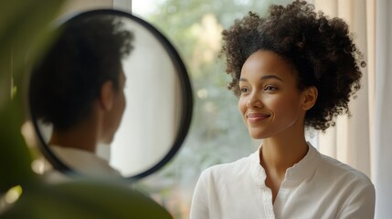 Therapist guiding client in self-esteem therapy session, using a mirror to reflect positive self-image in a supportive environment