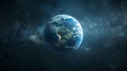 Fototapeta premium An image of planet Earth from space at night, showcasing city lights and clouds.