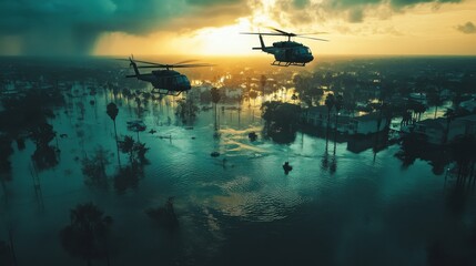 Fototapeta premium National Guard helicopters conduct search and rescue operations over a flooded city after a hurricane at sunset