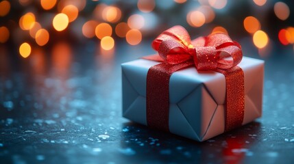 Elegant Christmas gift wrapped in red ribbon with bokeh lights