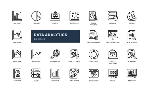 Data analysis statistic for big data interpretation outline line icon set