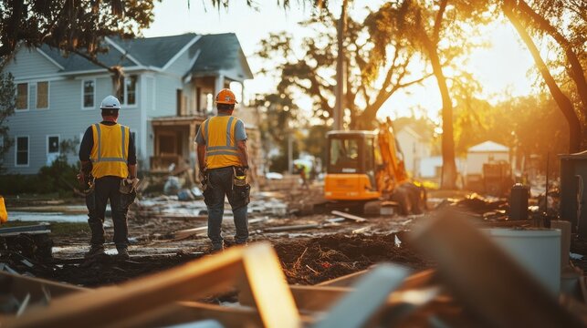 Construction workers repair hurricane damage in a small town, promoting community recovery and hope during rebuilding efforts