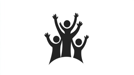 Silhouette of a happy family with raised hands, on a minimalist aesthetic white background. The figures consist of several families in flat colors