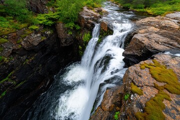 A rushing waterfall tumbling down rocky cliffs, surrounded by moss and ferns