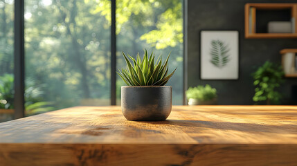 Fototapeta premium A potted plant on a wooden table in a sunlit room.
