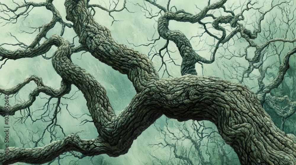 Poster A close-up view of a tree's branching pattern displaying the intricate beauty and harmony of natural textures in soft green shades