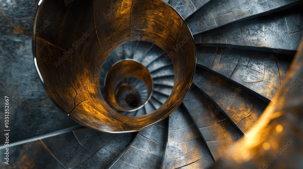 Poster an elegant spiral staircase with metallic texture showcases divine proportion and modern lighting in