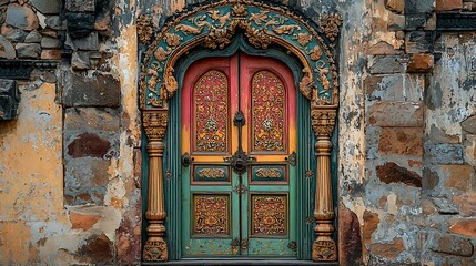 Obraz premium Ornate Wooden Doorway in a Weathered Stone Wall