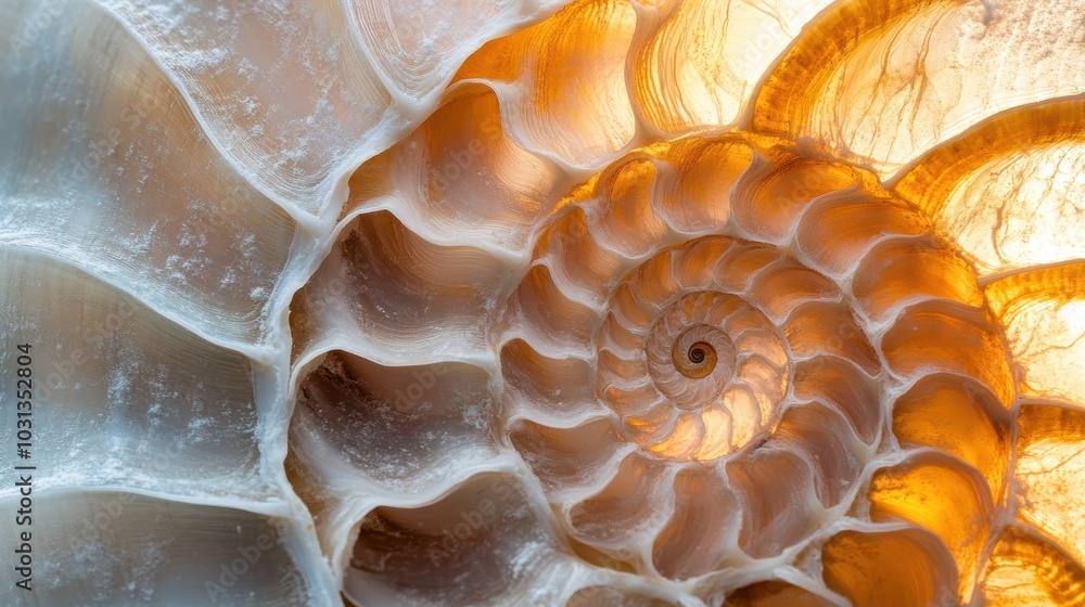 Poster Close-up of a nautilus shell revealing intricate spiral patterns and smooth textures illuminated by warm ambient light in a serene setting