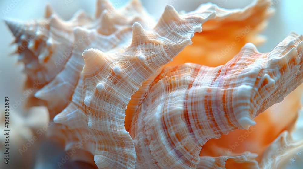 Poster close-up view of a seashell highlighting its divine proportions and smooth, pastel curves found on a