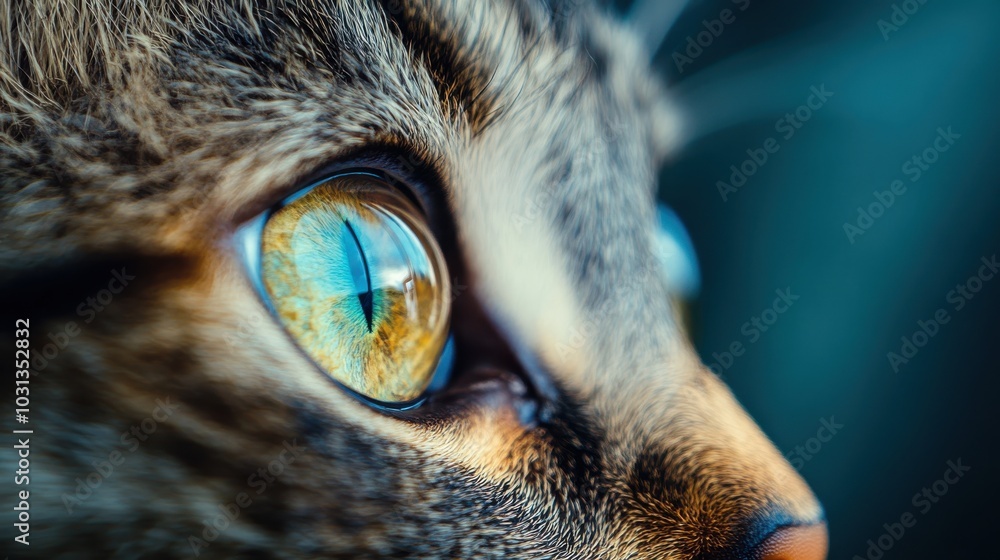 Poster A close-up view of a cat's vibrant eye reflecting divine proportion with soft background blur in natural light