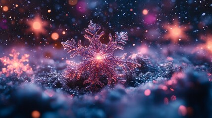 Glowing snowflake amidst a winter wonderland